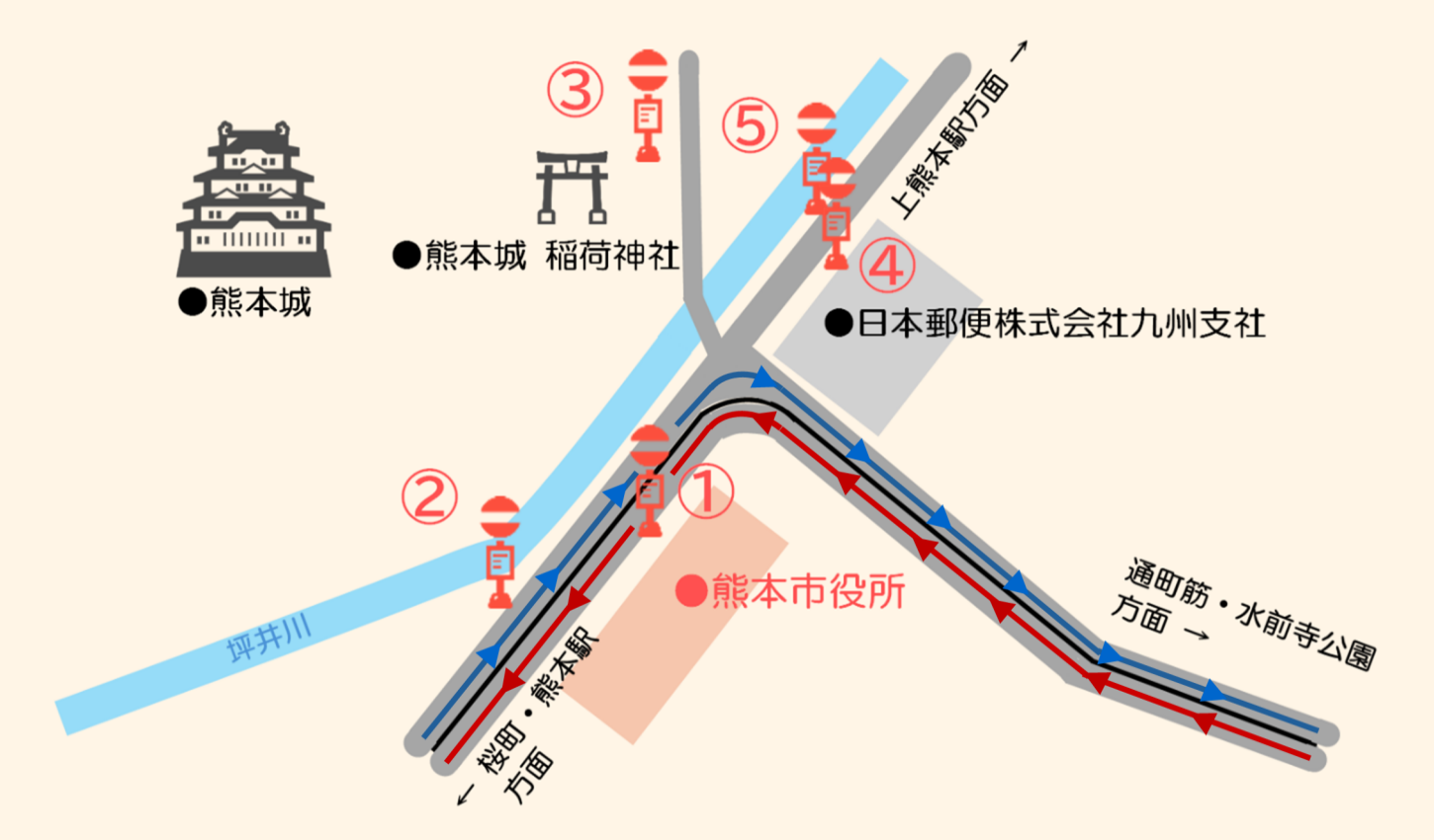 熊本市の市役所前バス停周辺の路線図