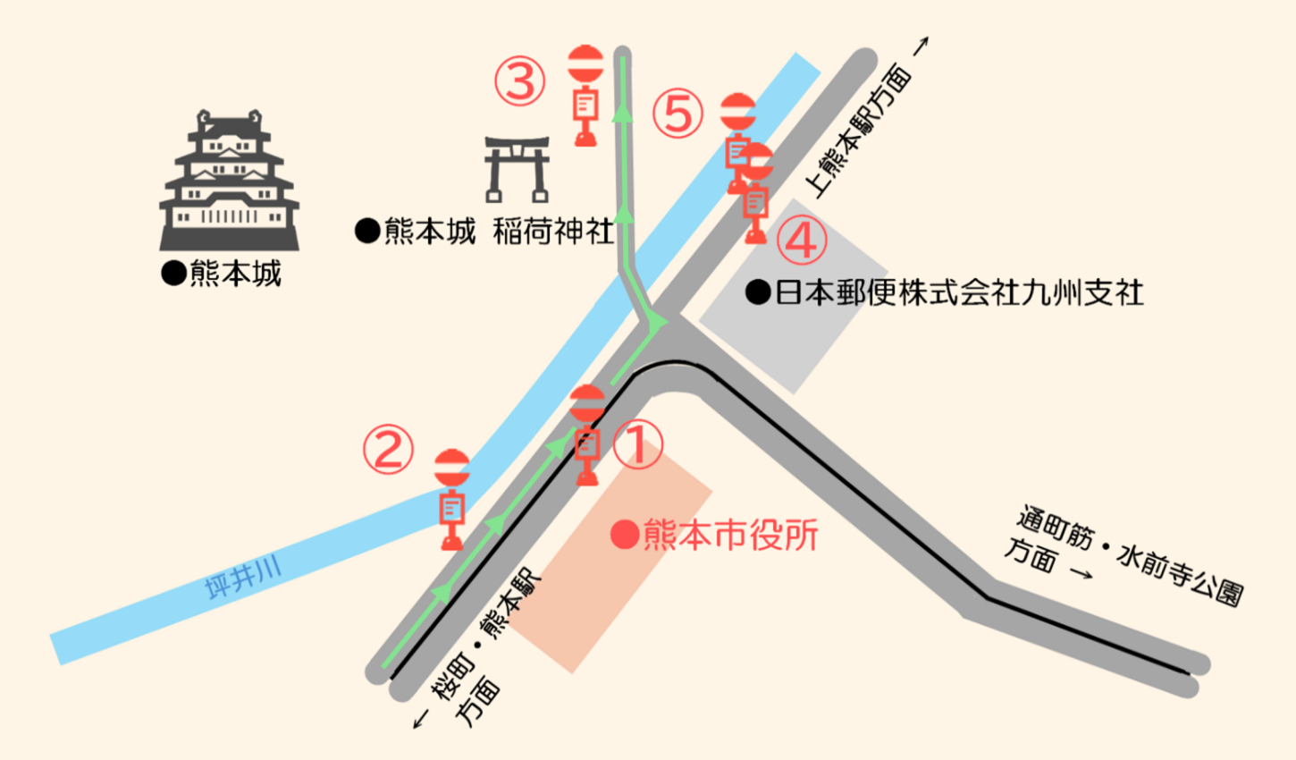 熊本市の市役所前バス停周辺の路線図