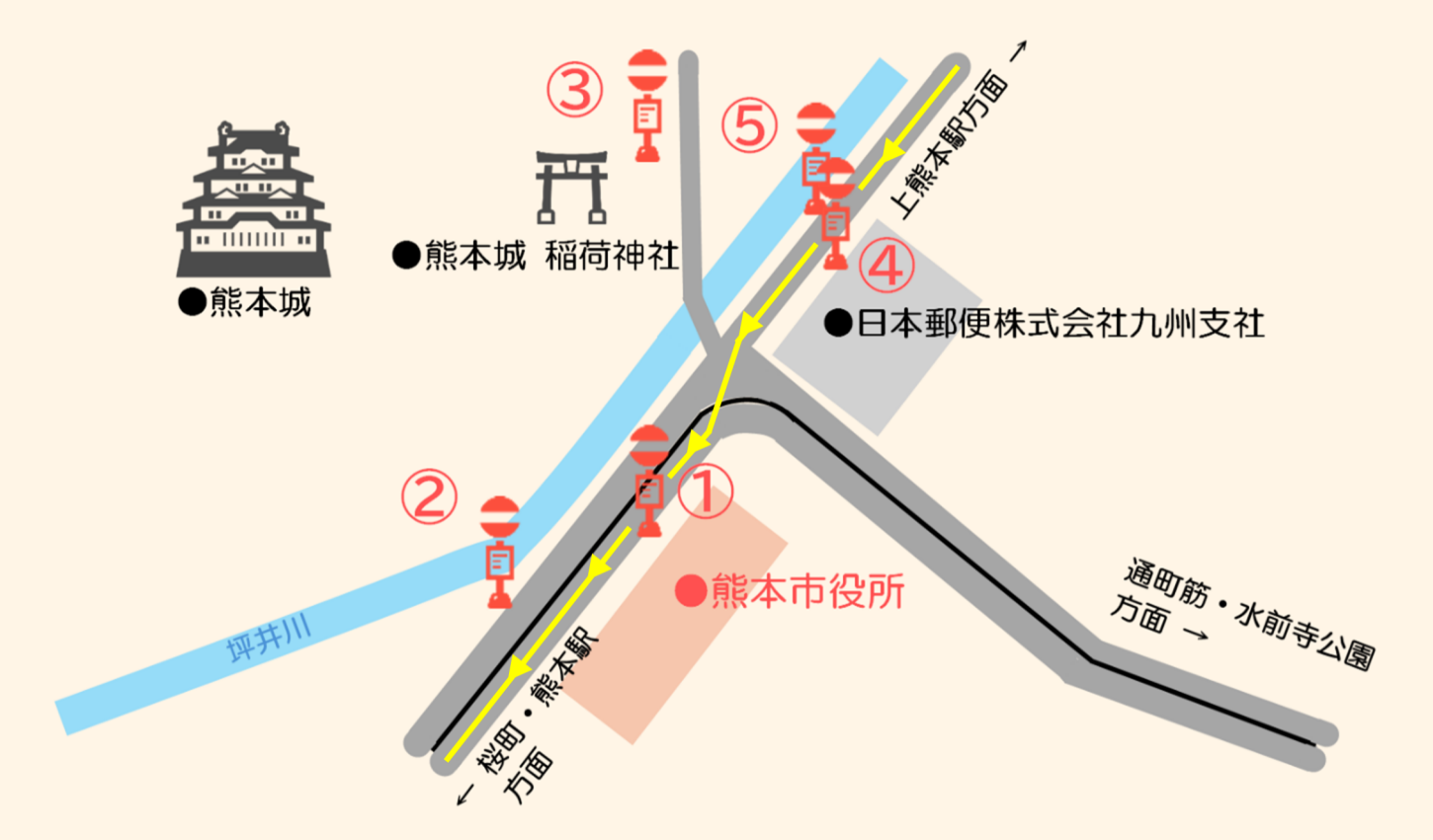 熊本市の市役所前バス停周辺の路線図